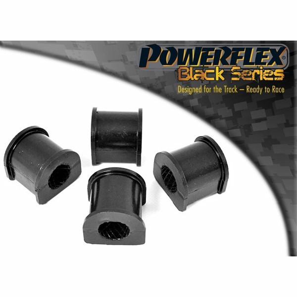 Black polyurethane front anti-roll bar bushes, 22mm, four pieces, featuring a cylindrical shape with a textured inner surface, labeled as Powerflex Black Series for performance use.