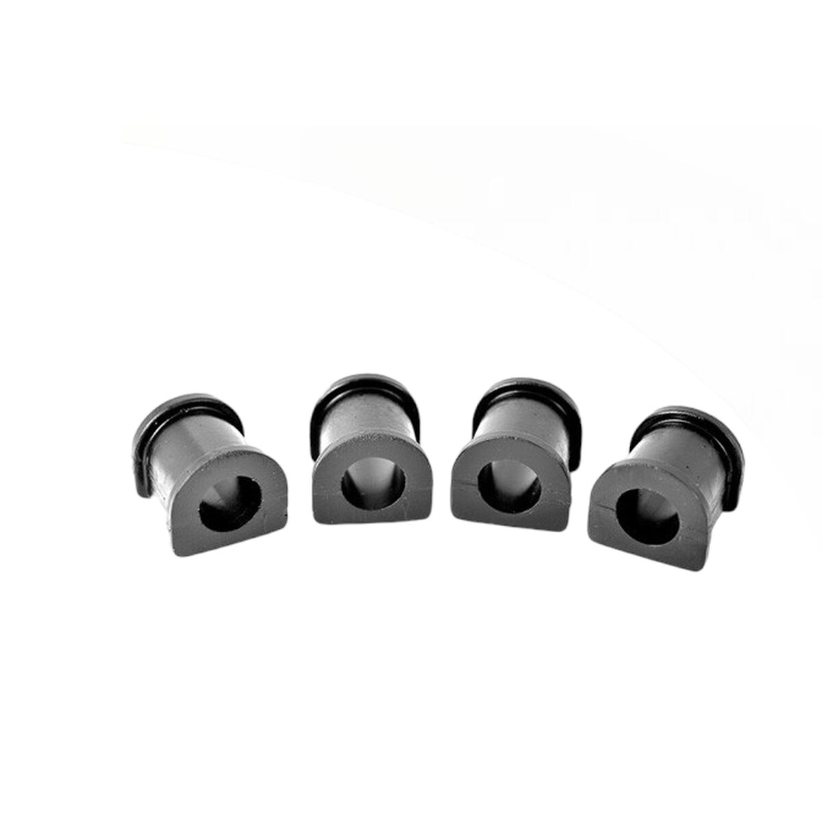 Pack of 4 black front anti-roll bar bushes made of durable rubber, featuring a hollow cylindrical shape with a triangular cross-section and a smooth finish.
