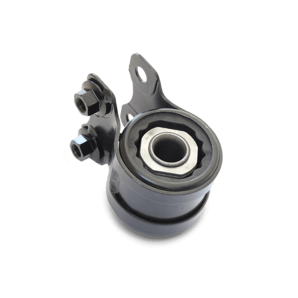 Black rubber-metal suspension bush with a cylindrical shape, featuring a central metal insert, two bolts for attachment, and a smooth surface, designed for BMW E36 models.