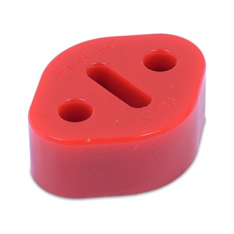 Red rubber exhaust mounting with an oval shape, featuring two holes for installation, measuring 64mm in length, 50mm in width, and 23mm in depth, branded by Powerflex.
