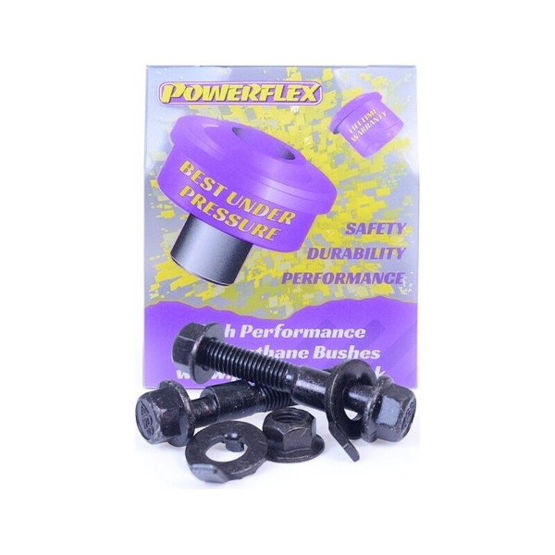Purple and black Powerflex PowerAlign Camber Bolt Kit, featuring bolts, washers, and a prominently displayed packaging with "BEST UNDER PRESSURE" text and vibrant graphics.