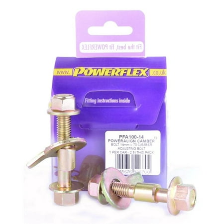 PowerAlign Camber Bolt Kit by Powerflex, featuring two metallic bolts with a gold and silver finish, packaged in a purple card with fitting instructions included.
