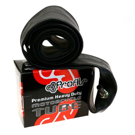 Black rubber inner tube rolled up, labeled "Pro Air Extra Heavy Duty Inner Tube - 250/275-14 TR6 60/100-14," resting on a black and red box with bold text.