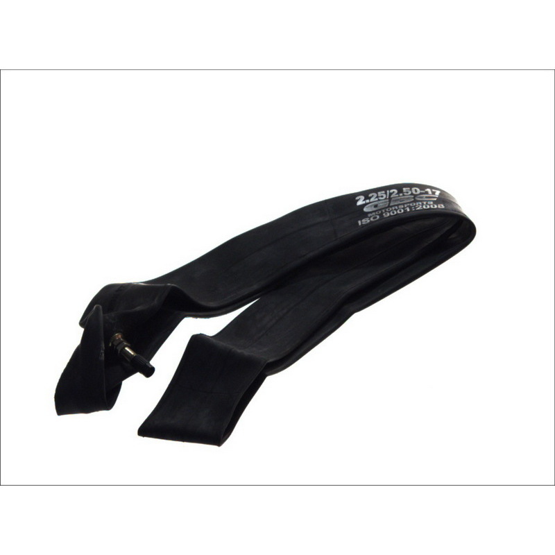 Black rubber inner tube for 17-inch tires, marked with size 2.25/2.50-17, featuring a straight valve for easy inflation and installation.