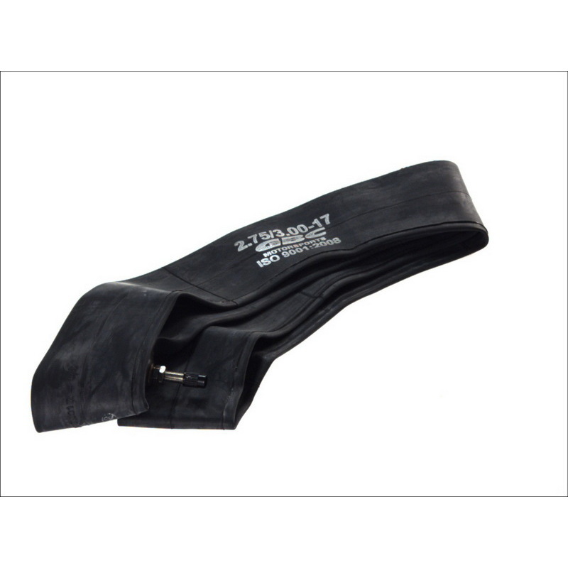 Black rubber inner tube for motorcycles, labeled 275/300 - 17 inch, featuring a straight valve for easy inflation and installation.