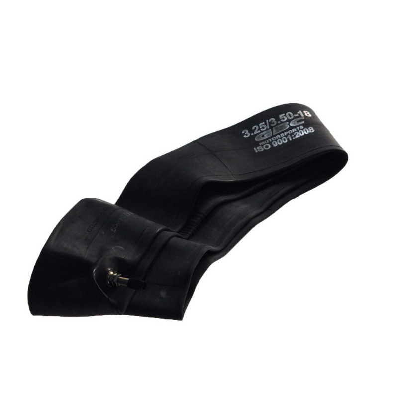 Black heavy-duty butyl inner tube labeled "3.25/3.50-18" with a metal valve stem, designed for durability and performance in various tire applications.
