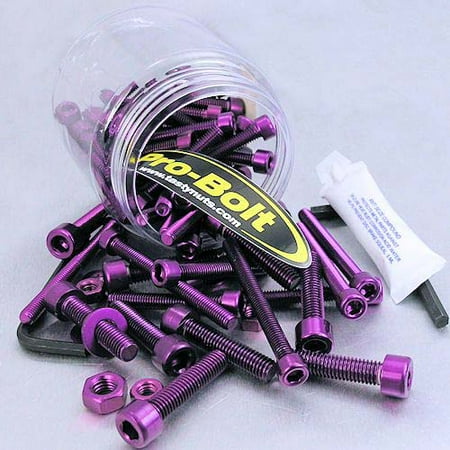 A clear tub overflowing with purple alloy Allen bolts of various sizes, accompanied by a small packet of lubricant and an Allen wrench, all branded with Pro-Bolt.
