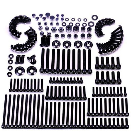 200-piece assorted black alloy bolt kit featuring various sizes of bolts, nuts, and washers, all neatly organized in a box for easy access and storage.