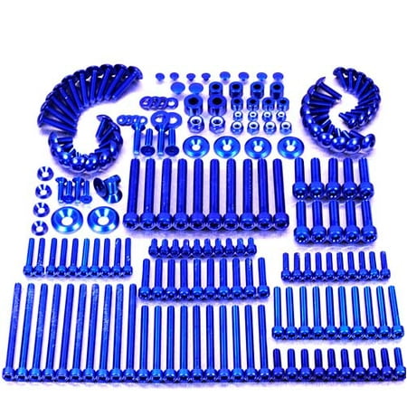 Assorted 200-piece blue alloy bolt set featuring various sizes and shapes, including hex bolts, washers, and nuts, all neatly organized in a box.