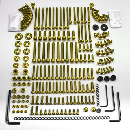 Assorted 200-piece gold alloy bolt kit featuring various sizes of bolts, nuts, washers, and hex keys, neatly organized in a box with a shiny finish.