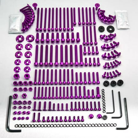 200-piece assorted alloy fastener set in vibrant purple, featuring various bolts, washers, and spacers, along with two packets of thread locker and multiple hex keys.