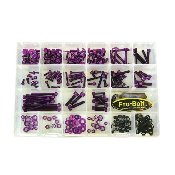 200-piece assorted alloy hardware set in a clear plastic box, featuring purple bolts, nuts, and washers, with a Pro-Bolt logo on the lid.