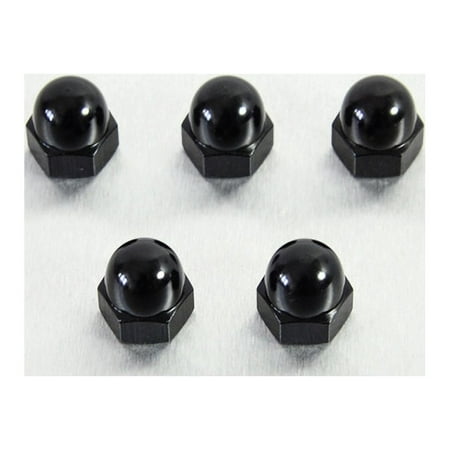 Five black alloy dome nuts, M10 x 1.25mm, featuring a smooth, rounded top and hexagonal base, designed for secure fastening.
