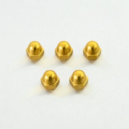 Five gold alloy dome nuts, M10 x 1.25mm, featuring a shiny, smooth surface and hexagonal base, arranged on a light background.