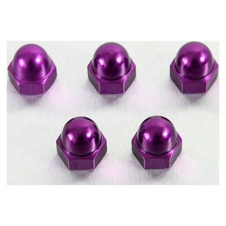 Five purple alloy dome nuts, hexagonal base, M10 x 1.25mm size, featuring a shiny finish, designed for durability and aesthetic appeal.
