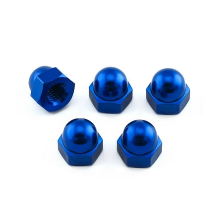Five blue alloy dome nuts in a pack, featuring a shiny finish, hexagonal shape, and internal threading, designed for M10 x 1.50mm applications.