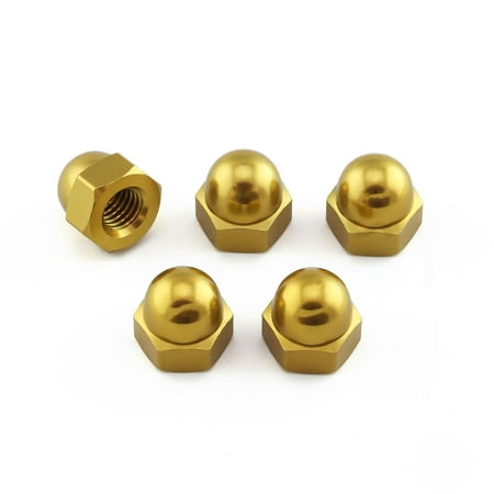 Five gold alloy dome nuts with a hexagonal shape and a shiny finish, each featuring an M10 x 1.50mm thread size, arranged closely together.