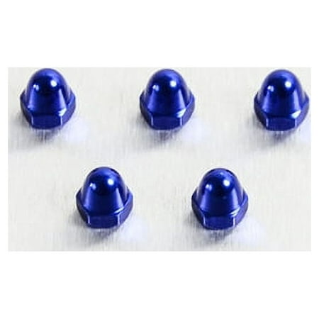Five blue alloy dome nuts are arranged in a row, featuring a shiny finish and a hexagonal base, designed for M4 x 0.70mm applications by Pro-Bolt.
