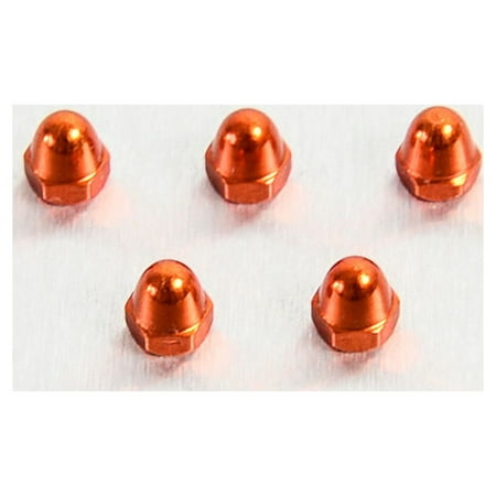Five shiny orange alloy dome nuts, M4 x 0.70mm, featuring a smooth, rounded top and hexagonal base, arranged in a neat row on a light background.
