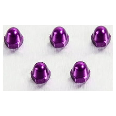 Five purple alloy dome nuts, each with a shiny finish, designed for M4 x 0.70mm applications, showcasing a rounded top and hexagonal base.