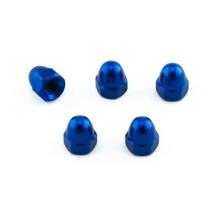 Five blue alloy dome nuts with a shiny finish, featuring an M5 x 0.80mm thread, designed for durability and aesthetic appeal.
