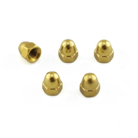 Five gold alloy dome nuts from Pro-Bolt, featuring a shiny finish and hexagonal base, with one nut showing the internal threading, designed for M5 x 0.80mm applications.