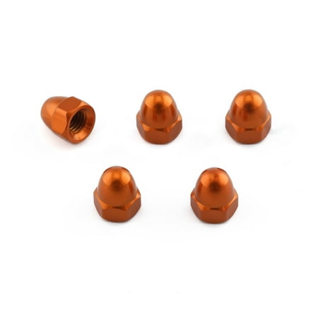 Five orange alloy dome nuts with a shiny finish, featuring a hexagonal base and a conical top, designed for M5 x 0.80mm applications.