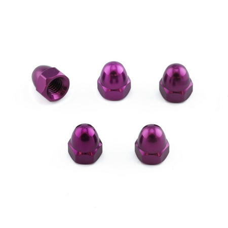 Five purple alloy dome nuts, each with a shiny finish and M5 x 0.80mm threading, showcasing a sleek, rounded design suitable for various applications.