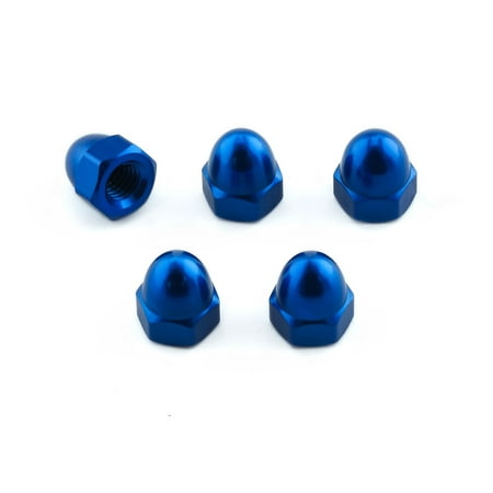 Five blue alloy dome nuts, M6 x 1.00mm, featuring a shiny finish and rounded tops, designed for secure fastening in various applications.