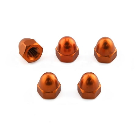 Five orange alloy dome nuts, M6 x 1.00mm, featuring a shiny finish and rounded tops, designed for secure fastening in various applications.