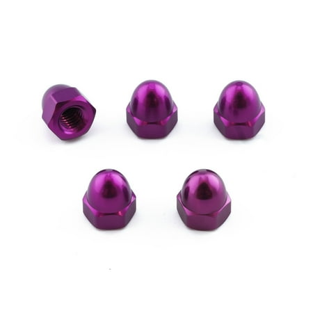 Five purple alloy dome nuts with a shiny finish, featuring an M6 x 1.00mm thread, designed for a secure fit and enhanced aesthetic appeal.