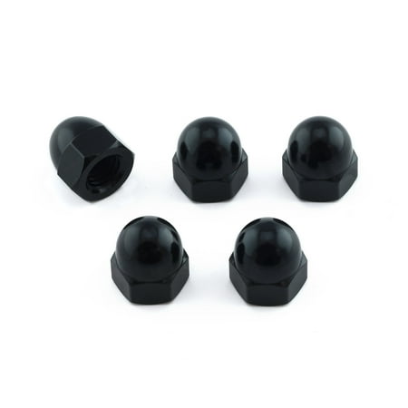 Five black alloy dome nuts with a hexagonal shape, featuring a smooth, shiny finish, designed for M8 x 1.25mm applications, packaged together.