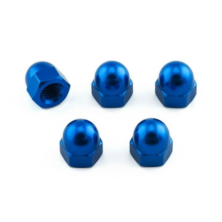 Five blue alloy dome nuts with a shiny finish, featuring a hexagonal base and a rounded top, sized M8 x 1.25mm, packaged by Pro-Bolt.