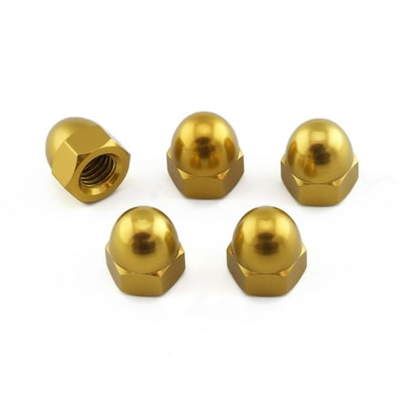 Five gold alloy dome nuts, M8 X 1.25mm, featuring a shiny, smooth finish and a hexagonal base for secure fastening.
