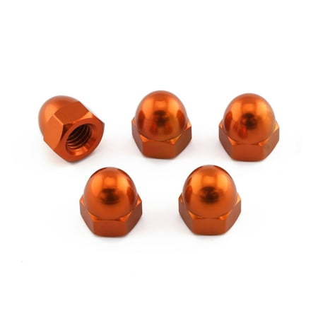 Five orange alloy dome nuts with a shiny finish, featuring a hexagonal base and a rounded top, designed for M8 x 1.25mm applications, packaged by Pro-Bolt.