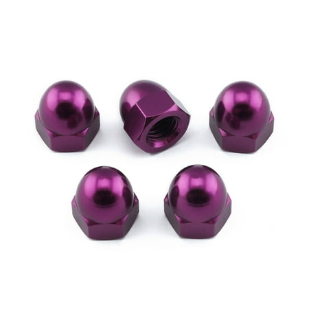 Five purple alloy dome nuts, each with a shiny finish and hexagonal base, sized M8 x 1.25mm, arranged closely together.