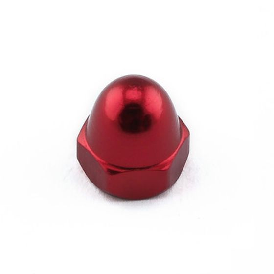 Shiny red alloy dome nut with a hexagonal base, measuring M8 x 1.25mm, part of a pack of five by Pro-Bolt.