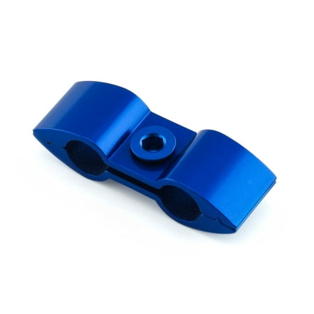 Blue alloy hose separator featuring a sleek, curved design with a central bolt hole for secure attachment, ideal for organizing hoses in automotive applications.