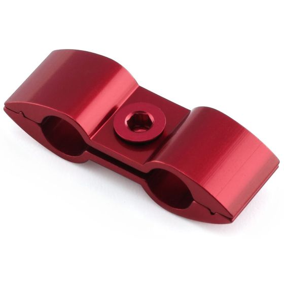 Red alloy hose separator featuring a sleek design with two curved sections and a central bolt hole for secure attachment.