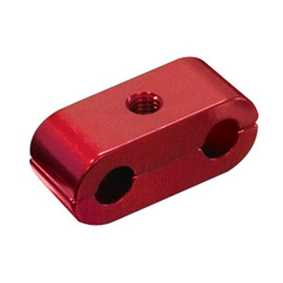 Silver alloy hose separator with a sleek, rounded design, featuring two circular openings and a central threaded hole for secure attachment.