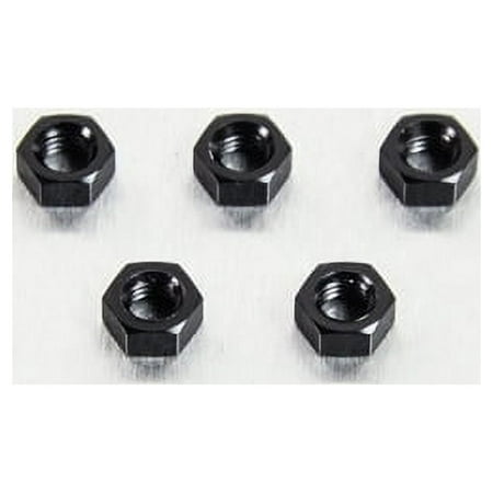Five black alloy nuts, each hexagonal with a threaded interior, measuring M5x3.8mm, arranged closely together on a light surface.