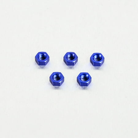 Five blue alloy nuts, M5x3.8mm, featuring a hexagonal shape and smooth finish, arranged on a light background.