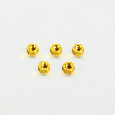 Five gold alloy nuts, M5x3.8mm, with a hexagonal shape and shiny finish, arranged neatly on a light background.