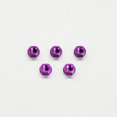 Five purple alloy nuts, each measuring M5x3.8mm, featuring a hexagonal shape and a shiny metallic finish, arranged neatly on a light background.