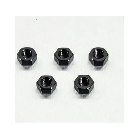 Five black alloy nuts, M6x4.7mm, with a hexagonal shape and threaded interior, arranged on a light background.