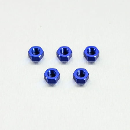 Five blue alloy nuts, M6x4.7mm, featuring a hexagonal shape and shiny finish, arranged on a light background.