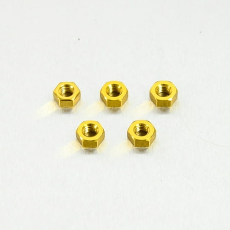 Five gold alloy nuts, M6x4.7mm, featuring a hexagonal shape and shiny finish, arranged in a cluster on a light background.