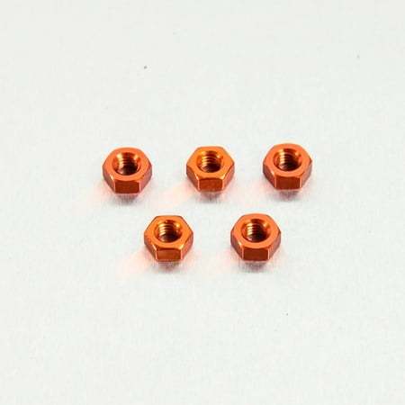 Five orange alloy nuts, M6x4.7mm, featuring a hexagonal shape and a shiny finish, arranged neatly on a light background.