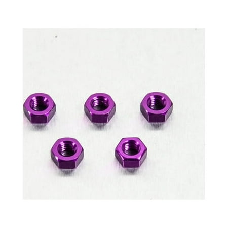 Five M6x4.7mm purple alloy nuts arranged in a row, showcasing a shiny metallic finish and hexagonal shape, ideal for automotive or mechanical applications.