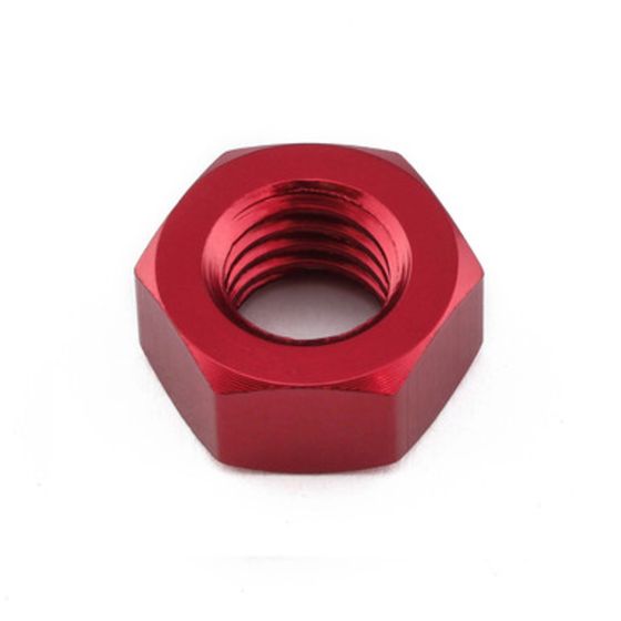 Red alloy M6 nut with a hexagonal shape, featuring internal threading and a polished finish, designed for durability and performance in various applications.